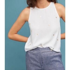 Cloth & Stone Polka Dot White Sleeveless Laser Cut-Out Detail Tencel Blouse,S